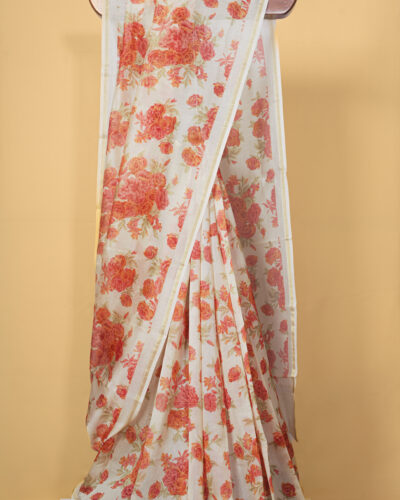 off-white with floral print Chanderi Saree