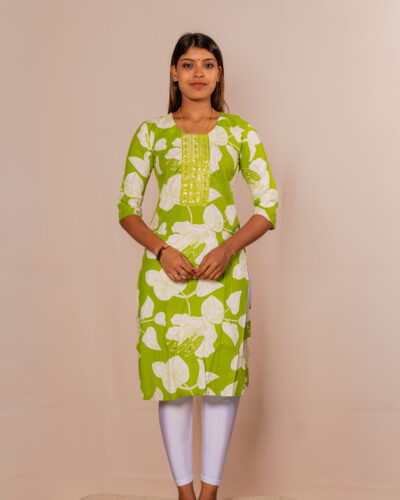 Parrot Green Floral Printed Kurti Top