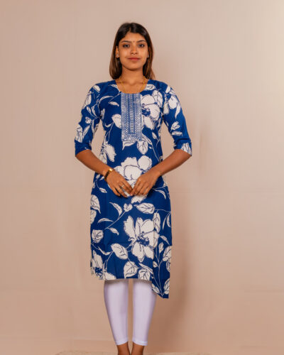 Navy Blue Floral Print Kurti Top