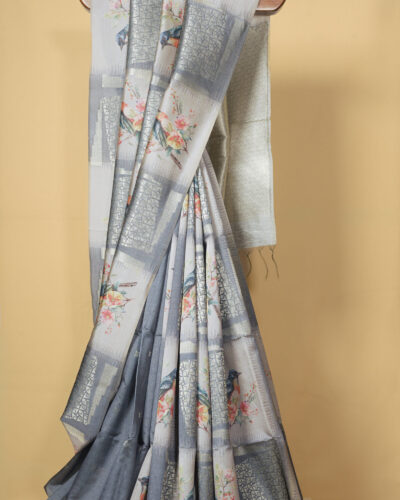 Grey Tussar Silk Saree